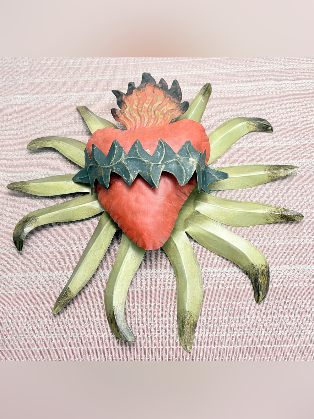 Decorative Red Sacred Heart Wall Art with Gold Rays Handmade Mexican Milagros